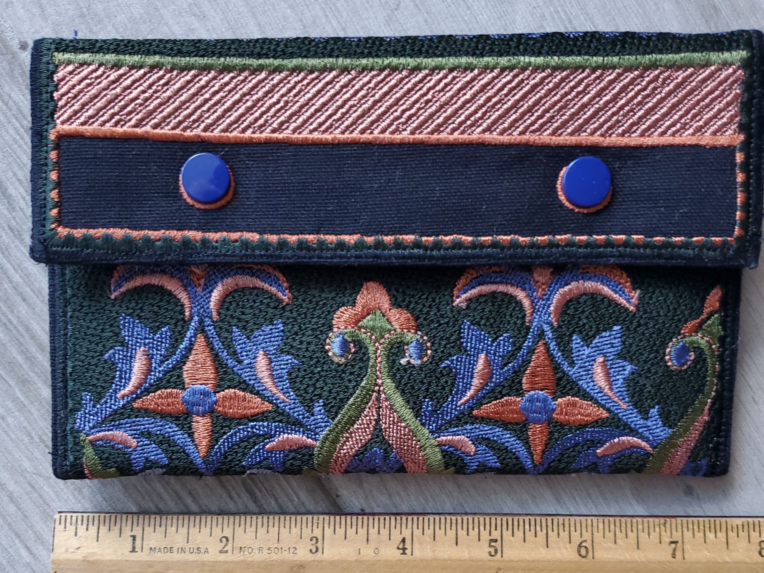 large-tapestry-embroidered-wallet-periwinkle-rust-front-Jen's-Bag-embroidered-bag